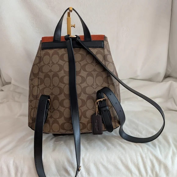 Coach Kleo Backpack Suede & Leather Monogram Signature C Orange Brown Gold Black - Picture 4 of 9